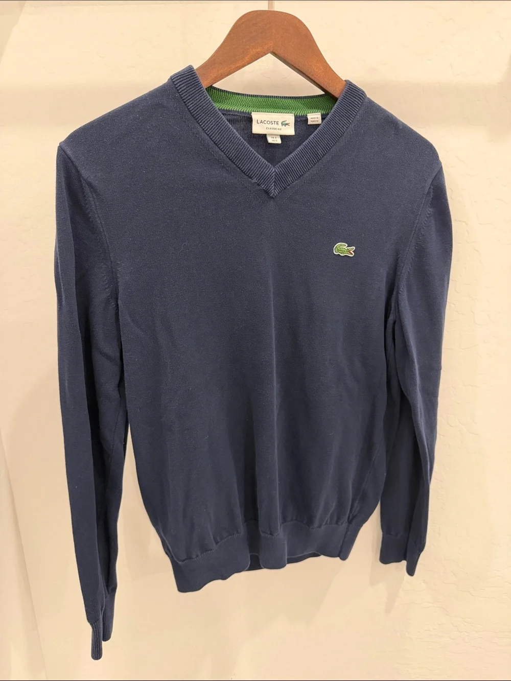 Lacoste Men's Navy V-Neck Pullover with Green Croc Emblem